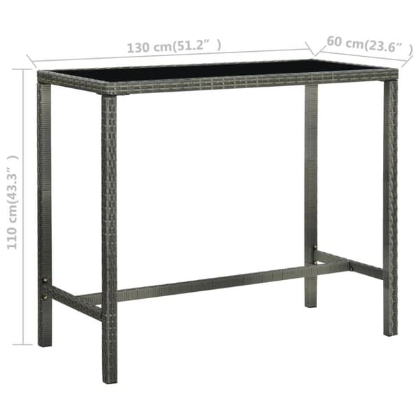 vidaXL Puutarhan baaripöytä harmaa130x60x110 cm polyrottinki ja lasi