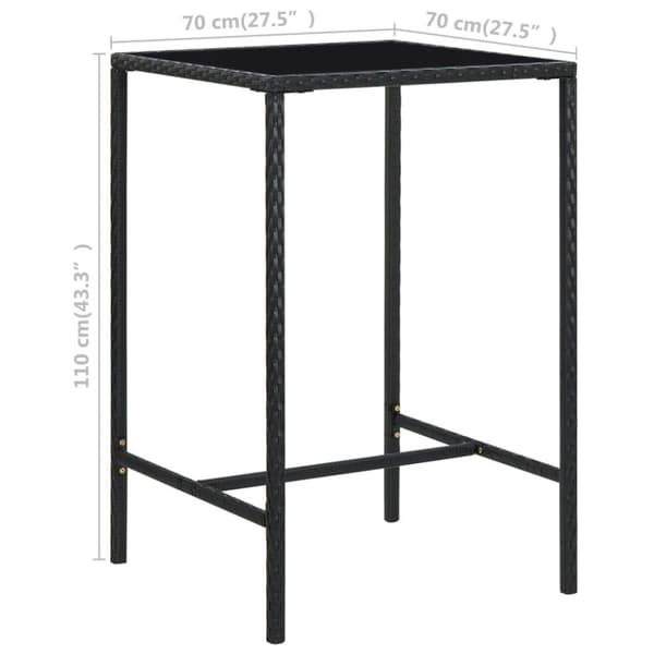 vidaXL Puutarhan baaripöytä musta 70x70x110 cm polyrottinki ja lasi