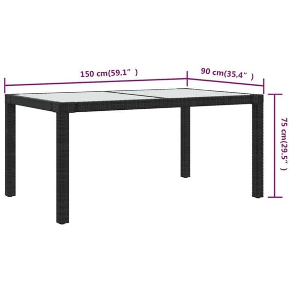 vidaXL Hagebord 150x90x75 cm herdet glass og polyrotting svart