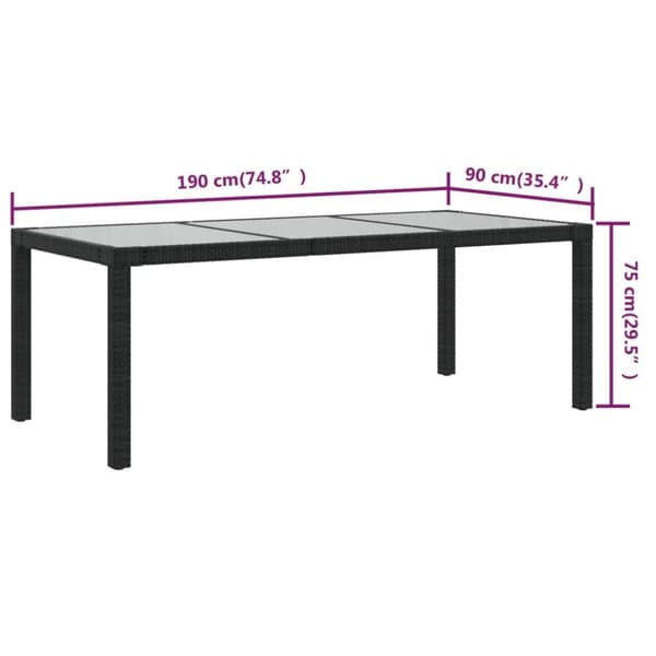 vidaXL Hagebord 190x90x75 cm herdet glass og polyrotting svart