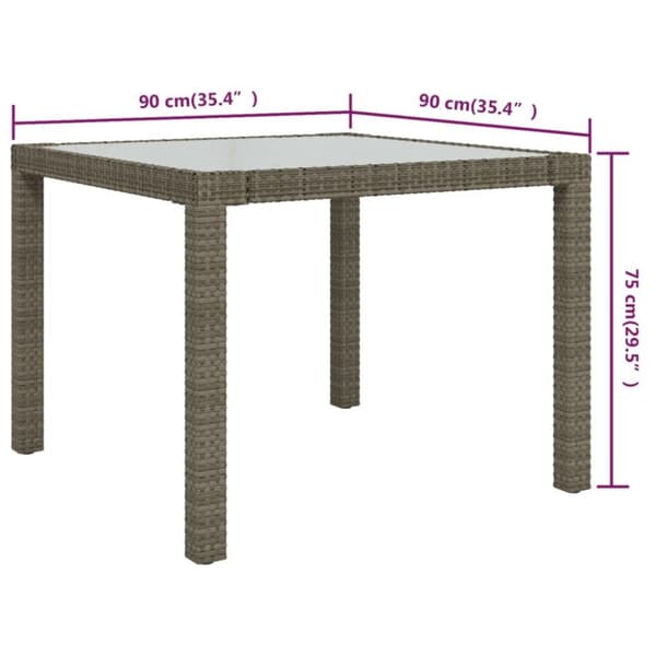 vidaXL Puutarhapöytä 90x90x75 cm karkaistu lasi ja polyrottinki harmaa