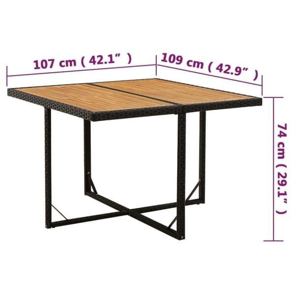 vidaXL Puutarhapöytä musta 109x107x74 cm polyrottinki ja täysi akaasia