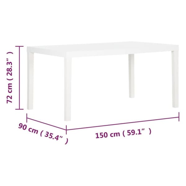 vidaXL Hagebord 150x90x72 cm PP hvit