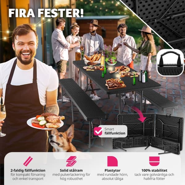 Hopfällbar Campingbordsgrupp Vani i konstrotting - svart-rottinglook
