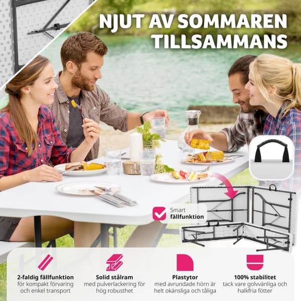 Campingbord och bänkset, hopfällbart med bärhandtag - vit