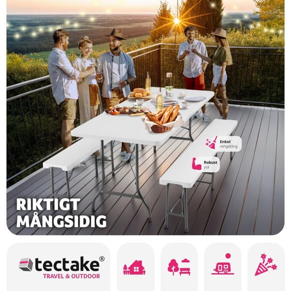 Campingbord och bänkset, hopfällbart med bärhandtag - vit