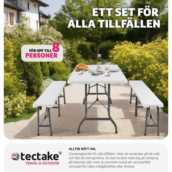 Campingbord och bänkset, hopfällbart med bärhandtag - vit