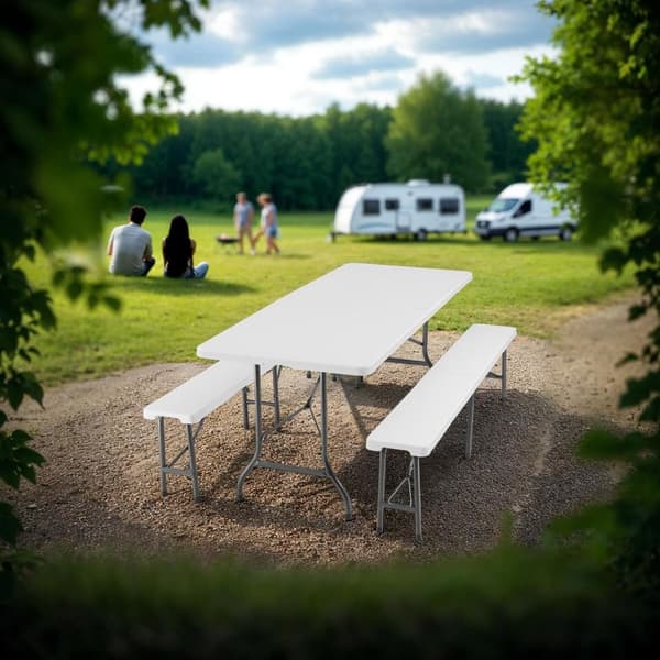 Campingbord och bänkset, hopfällbart med bärhandtag - vit