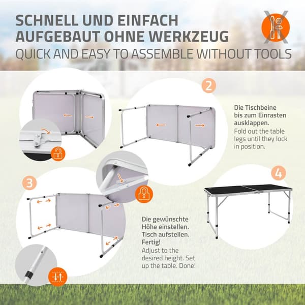 ECD Germany Aluminium Campingbord; hopfällbart; justerbar höjd 120x60x54-70 cm; svart; HDPE-skiva; portabel; lätt; fällbart bord med handtag;