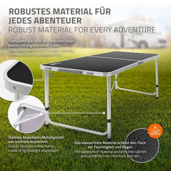 ECD Germany Aluminium Campingbord; hopfällbart; justerbar höjd 120x60x54-70 cm; svart; HDPE-skiva; portabel; lätt; fällbart bord med handtag;