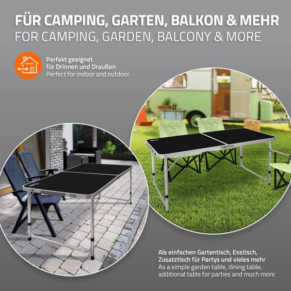 ECD Germany Aluminium Campingbord; hopfällbart; justerbar höjd 120x60x54-70 cm; svart; HDPE-skiva; portabel; lätt; fällbart bord med handtag;