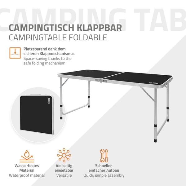 ECD Germany Aluminium Campingbord; hopfällbart; justerbar höjd 120x60x54-70 cm; svart; HDPE-skiva; portabel; lätt; fällbart bord med handtag;