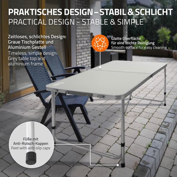 ECD Germany Alu Campingtisch Klapptisch; säädettävä korkeus 120x60x54-70 cm; harmaa; HDPE-levy; taitettava; kannettava; kevyt; kahvallinen;