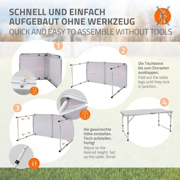 ECD Germany Alu Campingtisch Klapptisch; säädettävä korkeus 120x60x54-70 cm; harmaa; HDPE-levy; taitettava; kannettava; kevyt; kahvallinen;