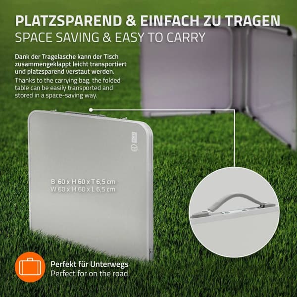 ECD Germany Alu Campingtisch Klapptisch; säädettävä korkeus 120x60x54-70 cm; harmaa; HDPE-levy; taitettava; kannettava; kevyt; kahvallinen;