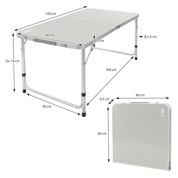 ECD Germany Alu Campingtisch Klapptisch; säädettävä korkeus 120x60x54-70 cm; harmaa; HDPE-levy; taitettava; kannettava; kevyt; kahvallinen;