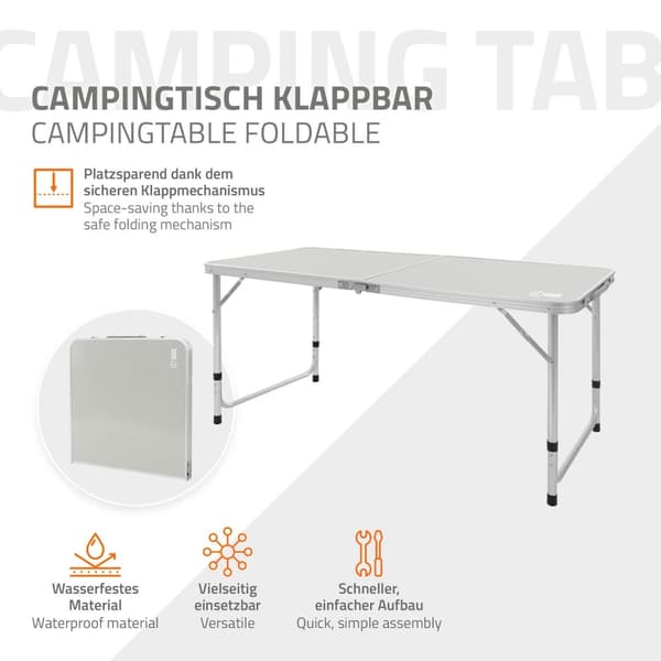 ECD Germany Alu Campingtisch Klapptisch; säädettävä korkeus 120x60x54-70 cm; harmaa; HDPE-levy; taitettava; kannettava; kevyt; kahvallinen;