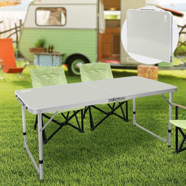 ECD Germany Alu Campingtisch Klapptisch; säädettävä korkeus 120x60x54-70 cm; harmaa; HDPE-levy; taitettava; kannettava; kevyt; kahvallinen;