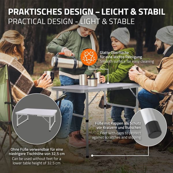 ML-Design Retkikäyttöön soveltuva alumiininen taittopöytä; hopea-valkoinen 75x55x68/32;5 cm; korkeudensäädettävä; kevyt; MDF-pöytälevy; taitettava