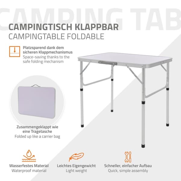 ML-Design Retkikäyttöön soveltuva alumiininen taittopöytä; hopea-valkoinen 75x55x68/32;5 cm; korkeudensäädettävä; kevyt; MDF-pöytälevy; taitettava