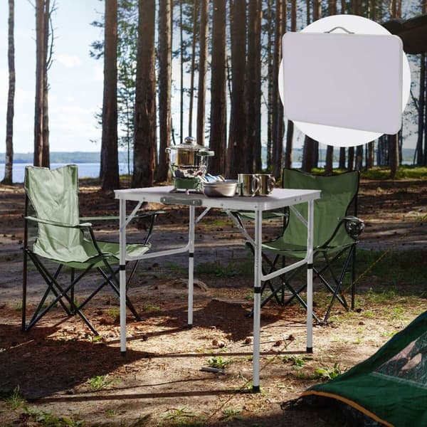 ML-Design Retkikäyttöön soveltuva alumiininen taittopöytä; hopea-valkoinen 75x55x68/32;5 cm; korkeudensäädettävä; kevyt; MDF-pöytälevy; taitettava