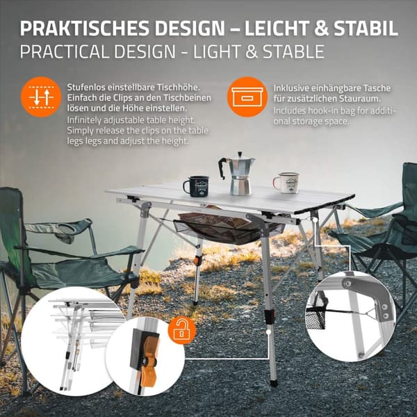 ML-Design Campingbord; sammenklappeligt; sølv; 90x51;5 cm; højdejusterbar 46-66;5 cm; bæreevne 30 kg; rullebar bordplade; sammenklappeligt bord;