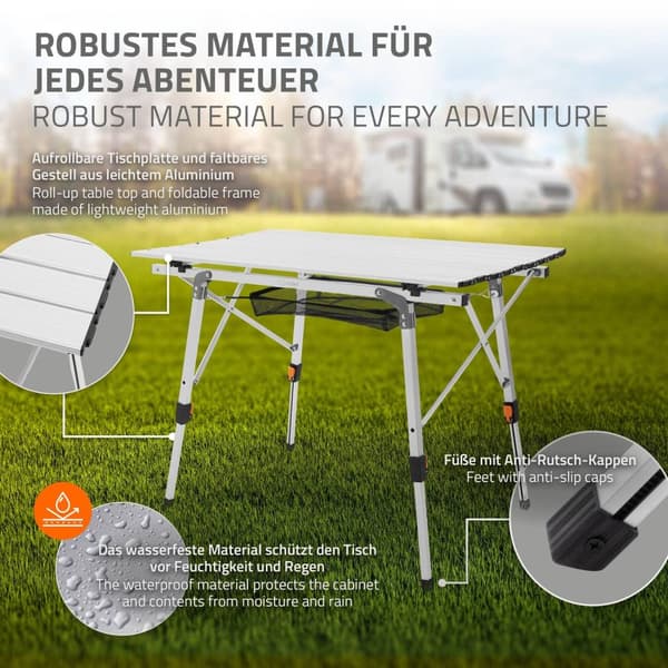 ML-Design Campingbord; sammenklappeligt; sølv; 90x51;5 cm; højdejusterbar 46-66;5 cm; bæreevne 30 kg; rullebar bordplade; sammenklappeligt bord;