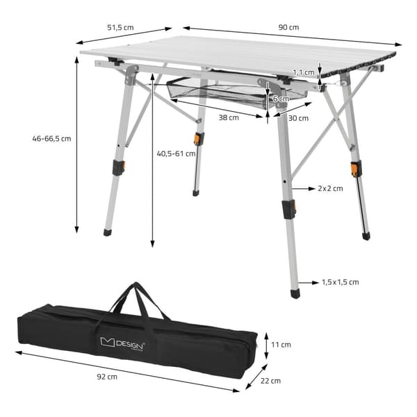 ML-Design Campingbord; sammenklappeligt; sølv; 90x51;5 cm; højdejusterbar 46-66;5 cm; bæreevne 30 kg; rullebar bordplade; sammenklappeligt bord;