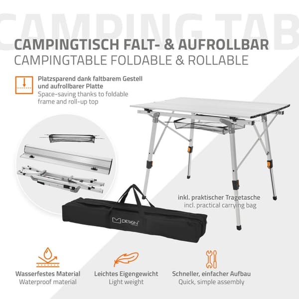 ML-Design Campingbord; sammenklappeligt; sølv; 90x51;5 cm; højdejusterbar 46-66;5 cm; bæreevne 30 kg; rullebar bordplade; sammenklappeligt bord;