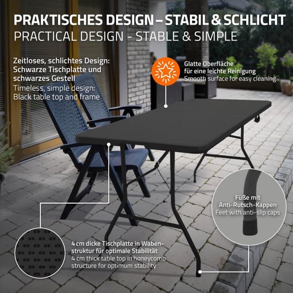 ML-Design Campingbord hopfällbart Svart 180x74 cm Plast; Hopfällbart bord med bärhandtag; Fällbord för trädgård; terrass; balkong; Trädgårdsbord för