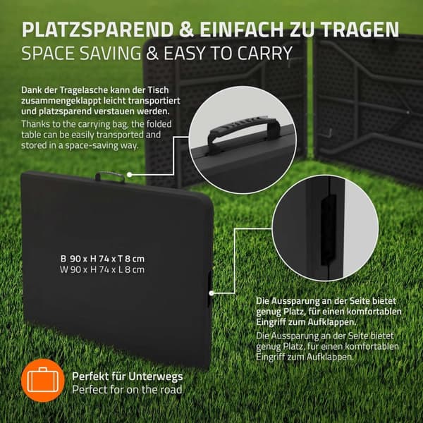 ML-Design Campingbord hopfällbart Svart 180x74 cm Plast; Hopfällbart bord med bärhandtag; Fällbord för trädgård; terrass; balkong; Trädgårdsbord för