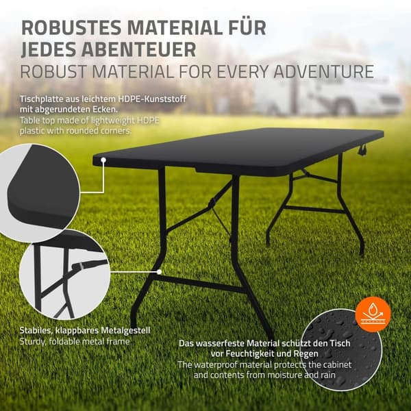 ML-Design Campingbord hopfällbart Svart 180x74 cm Plast; Hopfällbart bord med bärhandtag; Fällbord för trädgård; terrass; balkong; Trädgårdsbord för