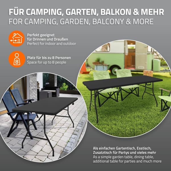 ML-Design Campingbord hopfällbart Svart 180x74 cm Plast; Hopfällbart bord med bärhandtag; Fällbord för trädgård; terrass; balkong; Trädgårdsbord för