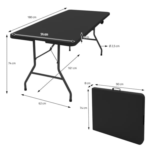 ML-Design Campingbord hopfällbart Svart 180x74 cm Plast; Hopfällbart bord med bärhandtag; Fällbord för trädgård; terrass; balkong; Trädgårdsbord för