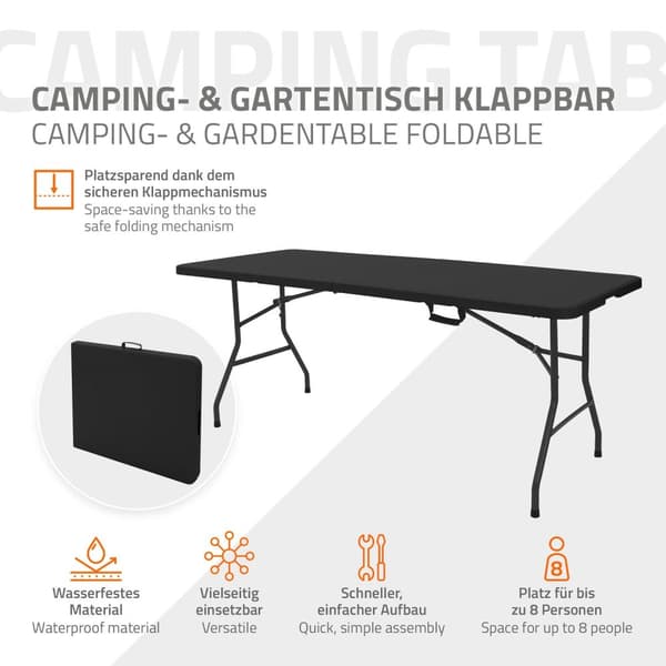 ML-Design Campingbord hopfällbart Svart 180x74 cm Plast; Hopfällbart bord med bärhandtag; Fällbord för trädgård; terrass; balkong; Trädgårdsbord för
