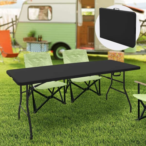 ML-Design Retkikäyttöön soveltuva taitettava musta muovinen leiripöytä; koko 180x74 cm; kantokahvalla varustettu taittopöytä; sopii puutarhaan;