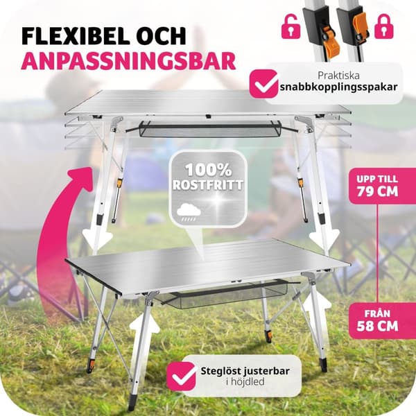 Campingbord i aluminium, höj- och sänkbart, hopfällbart - silver