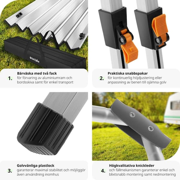 Campingbord i aluminium, höj- och sänkbart, hopfällbart - silver