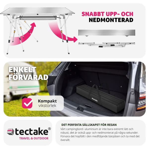 Campingbord i aluminium, höj- och sänkbart, hopfällbart - silver