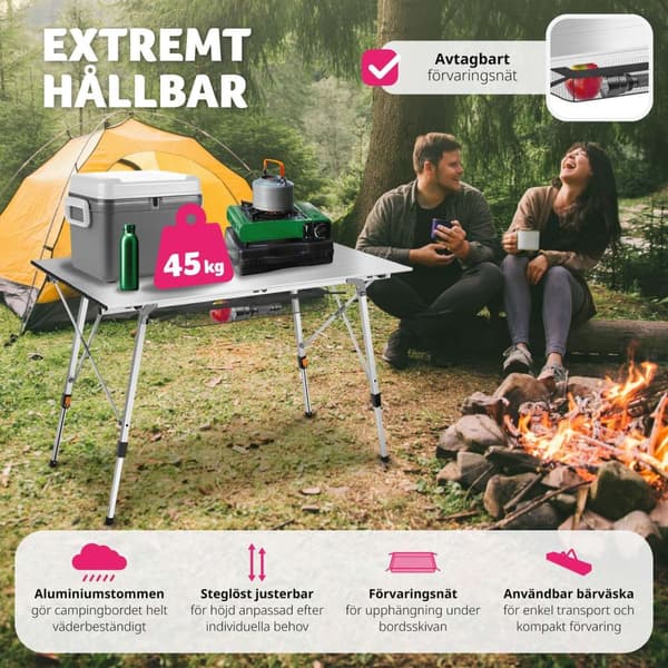Campingbord i aluminium, höj- och sänkbart, hopfällbart - silver