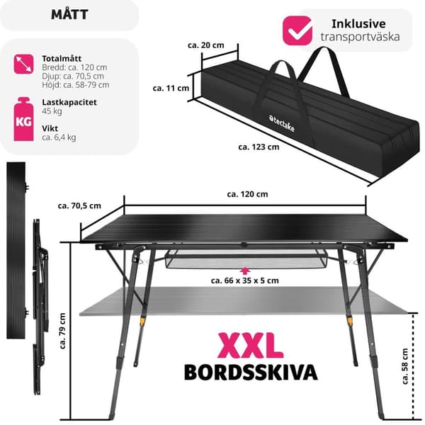 Campingbord i aluminium, höj- och sänkbart, hopfällbart - svart