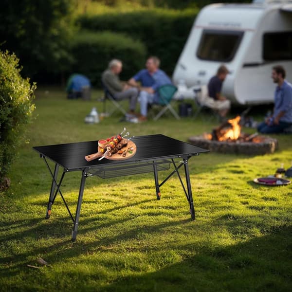 Campingbord i aluminium, höj- och sänkbart, hopfällbart - svart