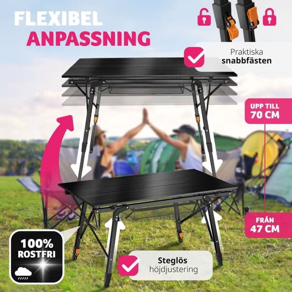 Campingbord Tina i aluminium , hopfällbart, höj- och sänkbart - svart