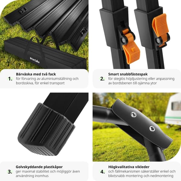 Campingbord Tina i aluminium , hopfällbart, höj- och sänkbart - svart