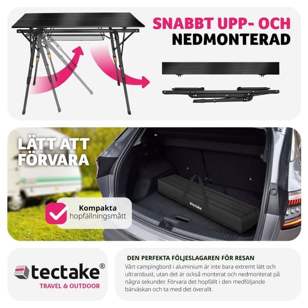 Campingbord Tina i aluminium , hopfällbart, höj- och sänkbart - svart