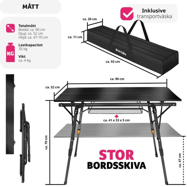Campingbord Tina i aluminium , hopfällbart, höj- och sänkbart - svart