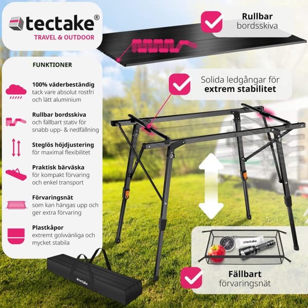 Campingbord Tina i aluminium , hopfällbart, höj- och sänkbart - svart