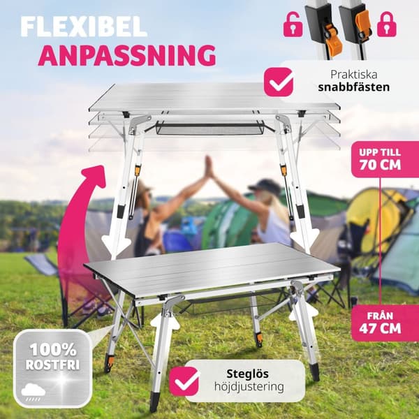 Campingbord Tina i aluminium , hopfällbart, höj- och sänkbart - silver