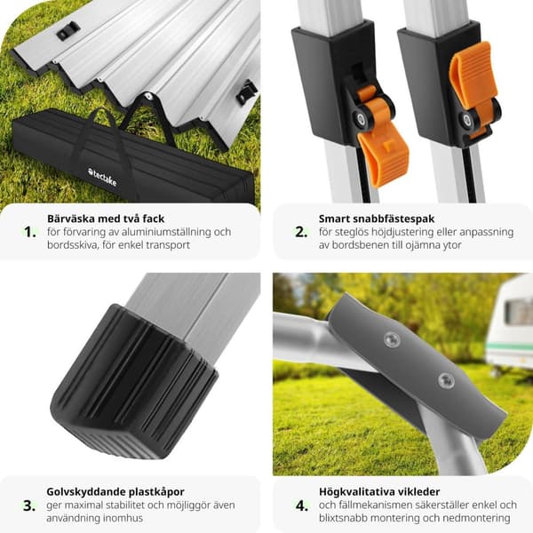 Campingbord Tina i aluminium , hopfällbart, höj- och sänkbart - silver