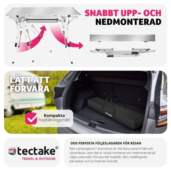 Campingbord Tina i aluminium , hopfällbart, höj- och sänkbart - silver